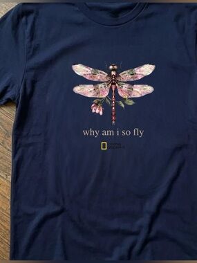 National Geographic Navy Blue Tee with Pink Dragonfly Graphic Size L New
